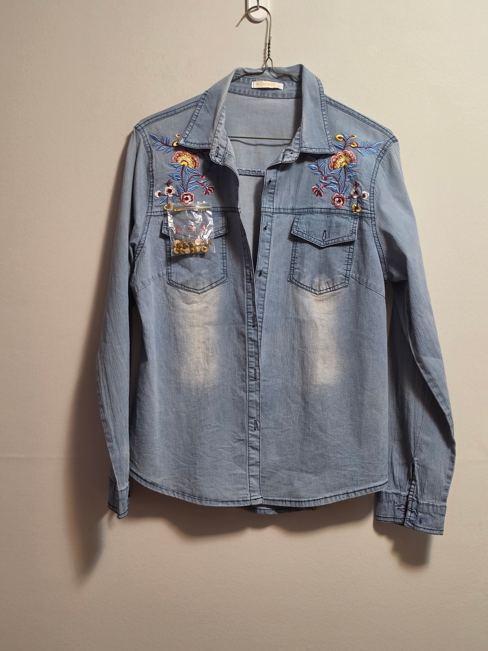 Dorado Light Wash Denim Shirt with Floral Embroidery